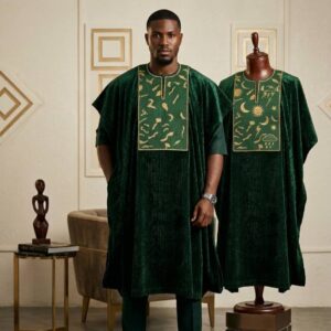 Premium green velvet Agbada with gold embroidered