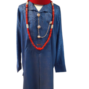 royal blue men's kaftan with red beads necklace